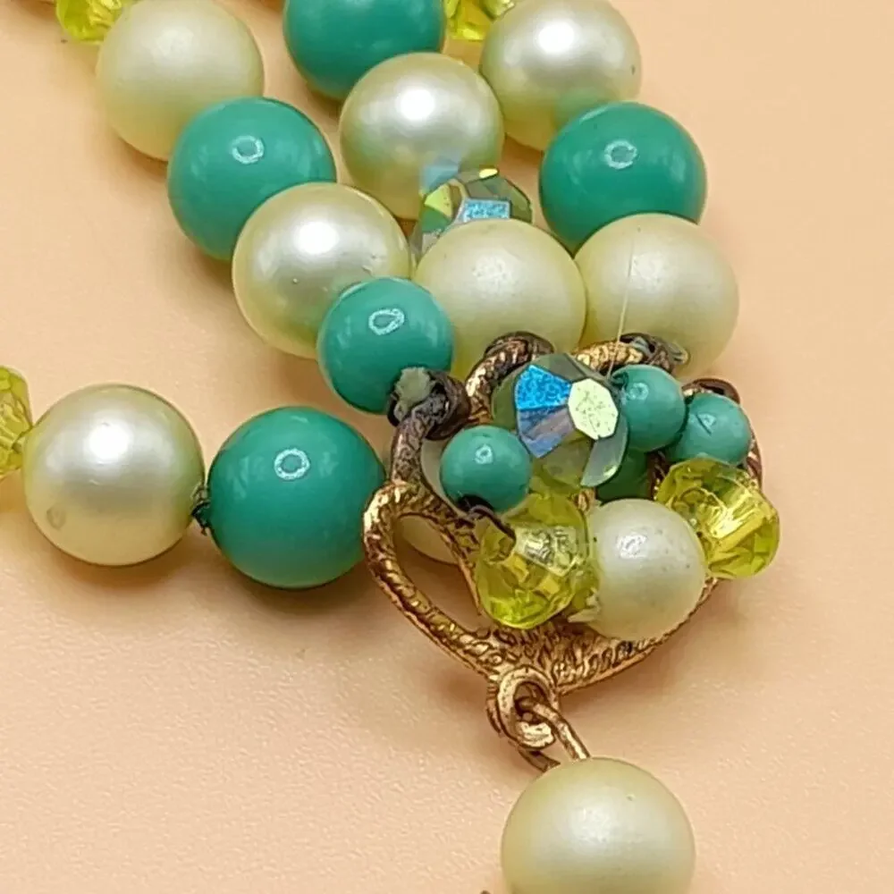 Vintage Green White Bead Necklace, Four Strands, AB Crystal Aspirin Beads, 16 In